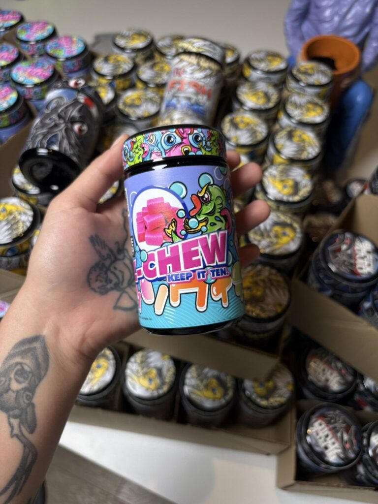 ZChew cannabis jar by The Tenco at Imperial Club LA — colorful cartoon label with Keep It Ten branding