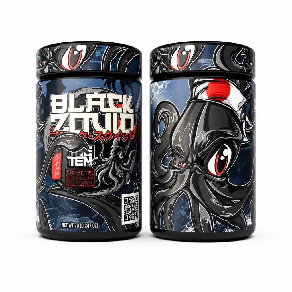 Black Squid cannabis jar by The Tenco at Imperial Club LA — dark illustrated label with dramatic squid artwork