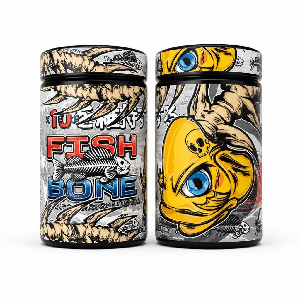 Fishbone cannabis jars by The Tenco at Imperial Club LA — illustrated gold and grey fish skeleton label design